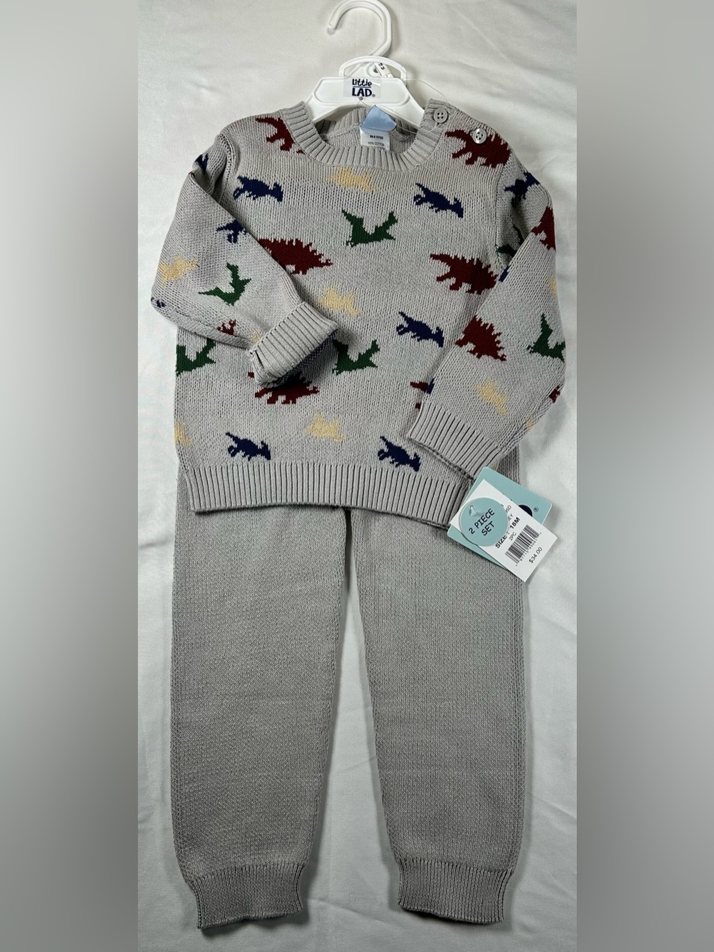 Carter's Light Gray Knit Dino Sweater & Pants Set